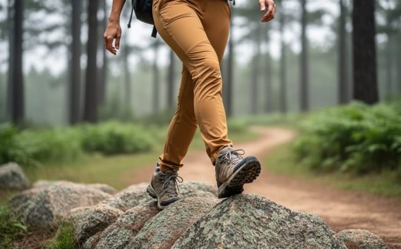 A woman wearing modern hiking pants walks over rocky terrain on a forest trail, showing a flexible outdoor look.