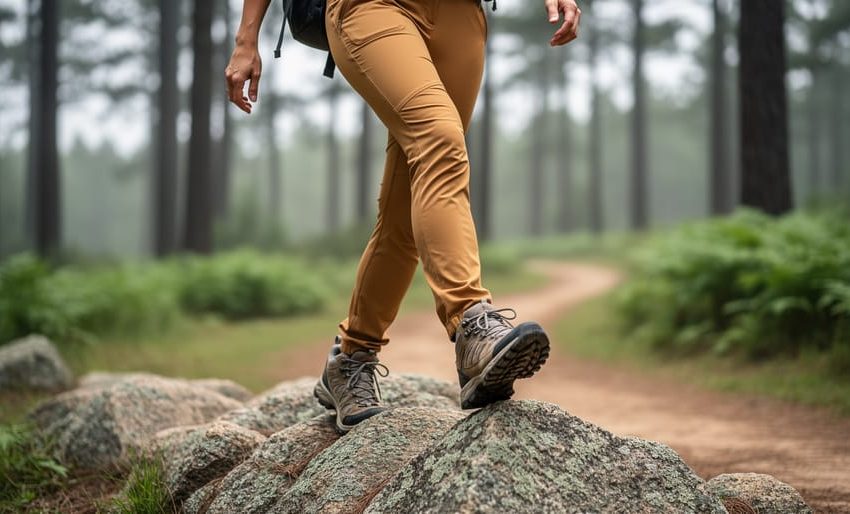 A woman wearing modern hiking pants walks over rocky terrain on a forest trail, showing a flexible outdoor look.