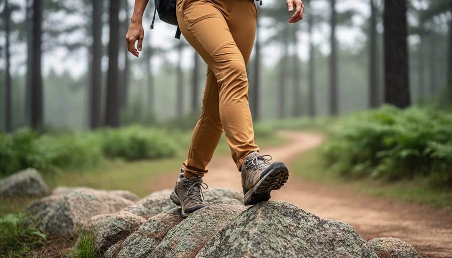 A woman wearing modern hiking pants walks over rocky terrain on a forest trail, showing a flexible outdoor look.