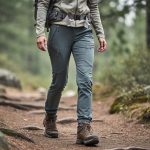 Woman hiking on a forest trail wearing women-specific hiking pants with a comfortable, movement-ready fit.