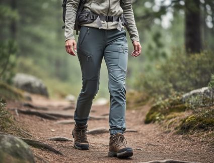 Woman hiking on a forest trail wearing women-specific hiking pants with a comfortable, movement-ready fit.