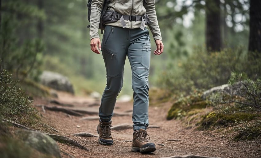 Woman hiking on a forest trail wearing women-specific hiking pants with a comfortable, movement-ready fit.