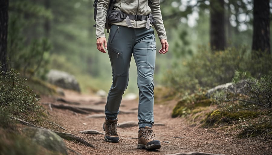 Woman hiking on a forest trail wearing women-specific hiking pants with a comfortable, movement-ready fit.