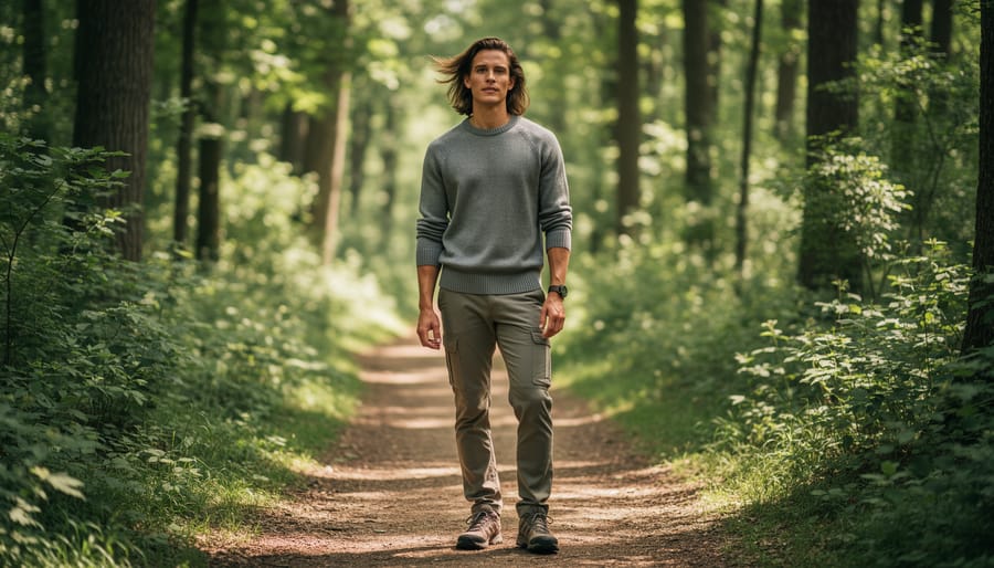 Hiker wearing a merino long-sleeve crew seated on a log with a meadow background.