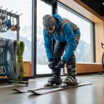 Person adjusting ski gear beside climbing hardware and winter equipment at an outdoor retailer storefront, with bike repair tools in the softly blurred background.