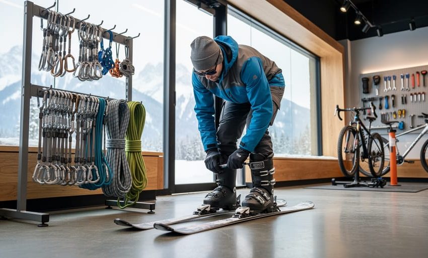 Person adjusting ski gear beside climbing hardware and winter equipment at an outdoor retailer storefront, with bike repair tools in the softly blurred background.