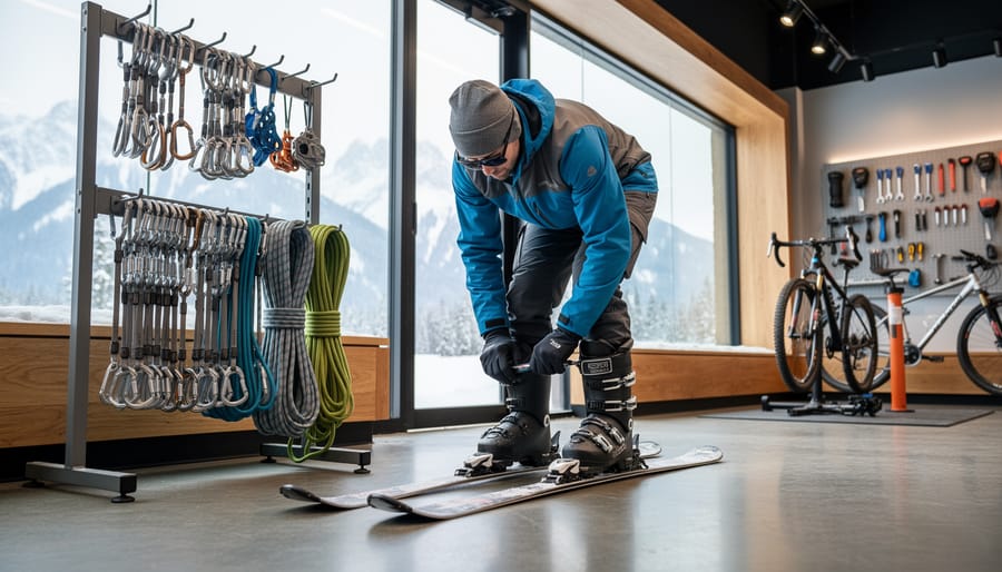 Person adjusting ski gear beside climbing hardware and winter equipment at an outdoor retailer storefront, with bike repair tools in the softly blurred background.
