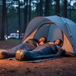 Family camping at dusk with sleeping bags near a dome tent in a wooded campsite, illuminated by warm campfire light.