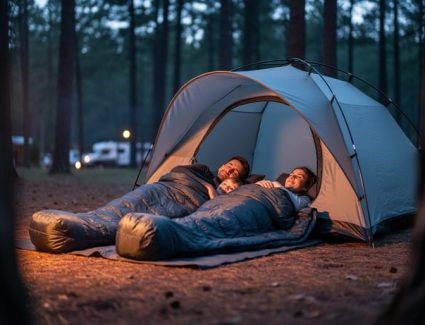 Family camping at dusk with sleeping bags near a dome tent in a wooded campsite, illuminated by warm campfire light.