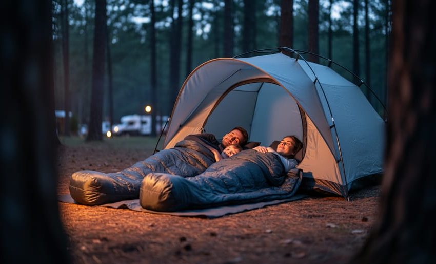 Family camping at dusk with sleeping bags near a dome tent in a wooded campsite, illuminated by warm campfire light.
