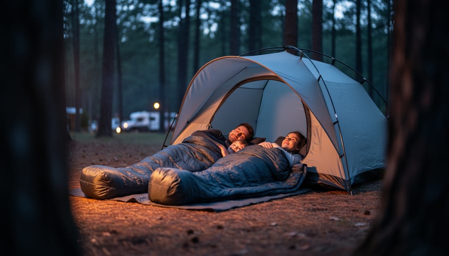 Family camping at dusk with sleeping bags near a dome tent in a wooded campsite, illuminated by warm campfire light.