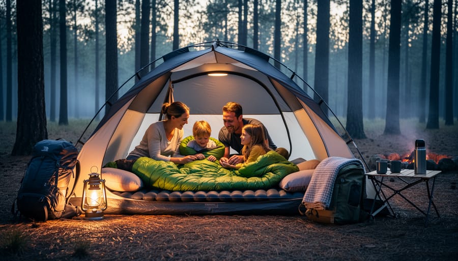 Family of four camping at dusk with sleeping bags and a tent entrance in a forest clearing.