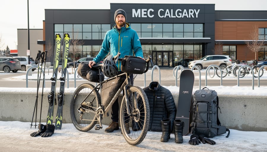Person adjusting a bike near a MEC service area with winter gear and ski boot fitting elements in the background