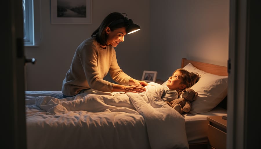Parent adjusting a child’s sleeping bag under warm headlamp light at a campsite at night.