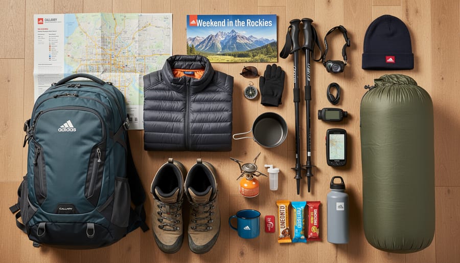 Hiker’s outdoor gear, backpack, tent, and camping stove, set up beside pine trees during golden hour
