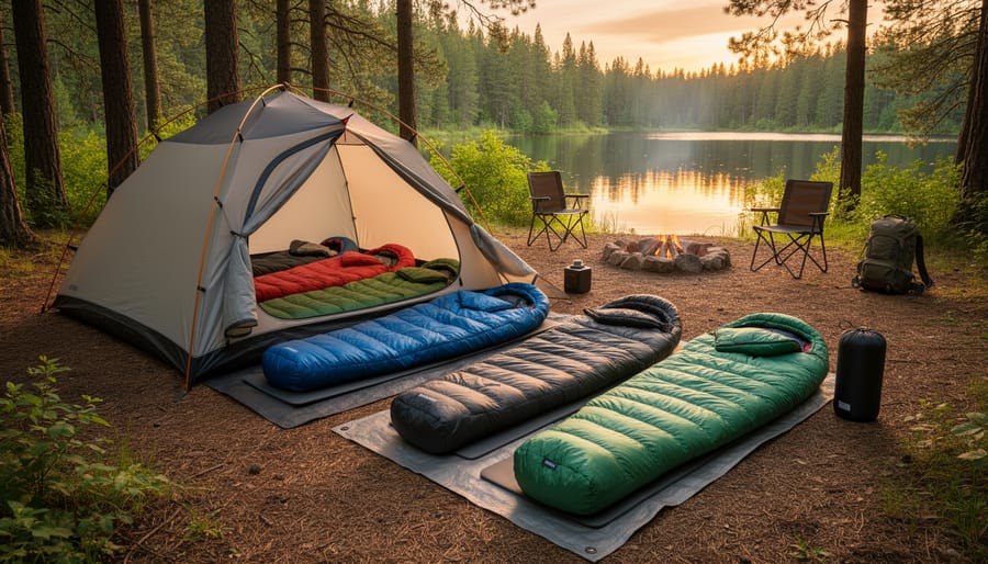 Sleeping bags arranged on the ground in a campsite with visible insulation and fabric texture.