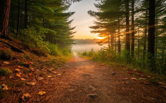 A winding dirt hiking trail in a New England forest at sunrise with sunlight rays filtering through trees.