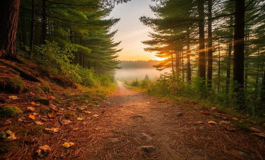 A winding dirt hiking trail in a New England forest at sunrise with sunlight rays filtering through trees.