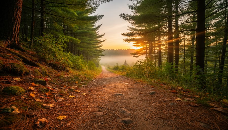 A winding dirt hiking trail in a New England forest at sunrise with sunlight rays filtering through trees.