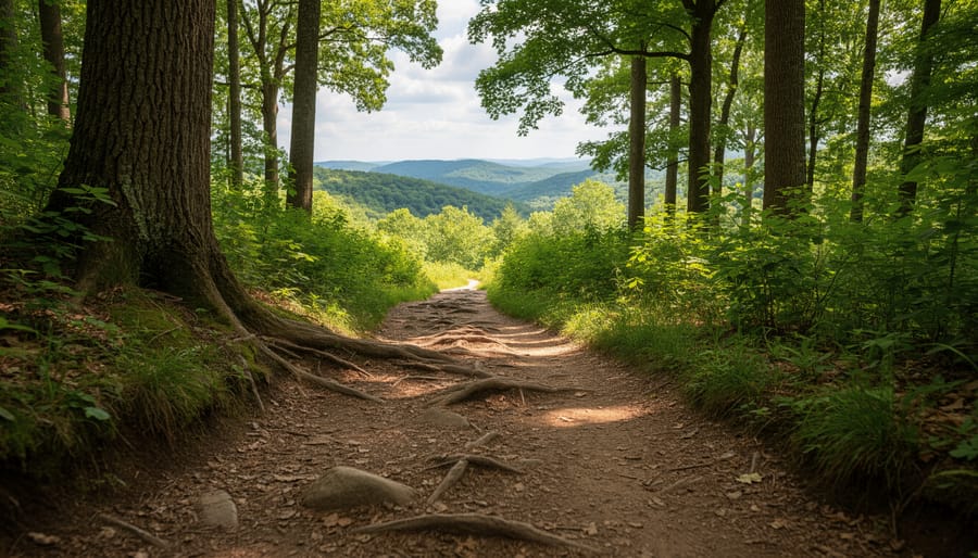 A hiker walking along a rocky, rooty forest trail in Sutton.