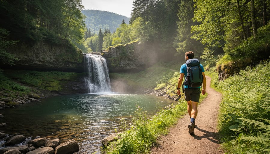 A waterfall on a rocky trail with mossy boulders and misty forest in the background.