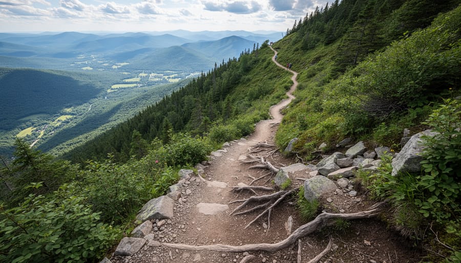 A hiker looking along steep switchbacks toward distant ridges.