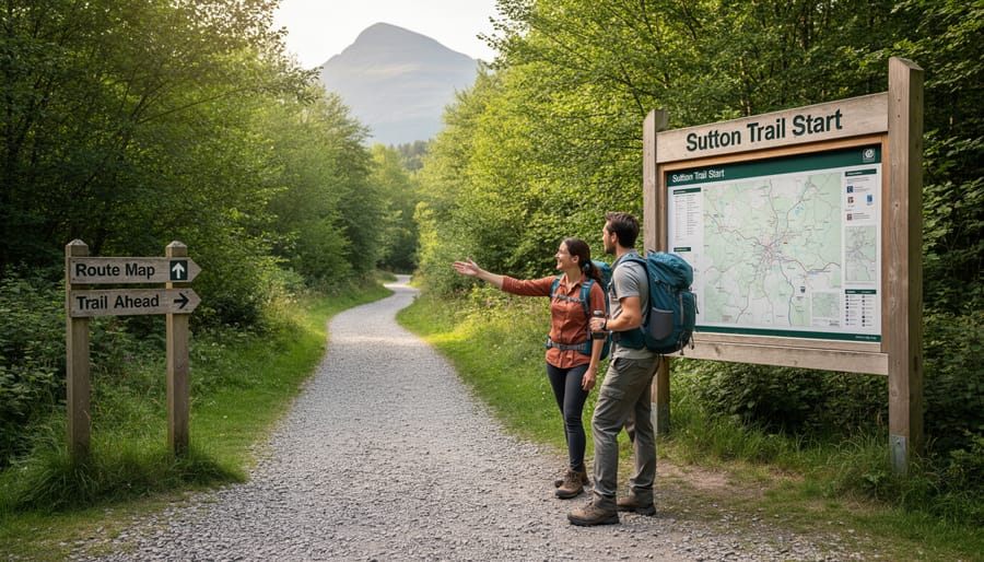 Trailhead area near a forest path with hikers’ gear and a starting trail marker post.