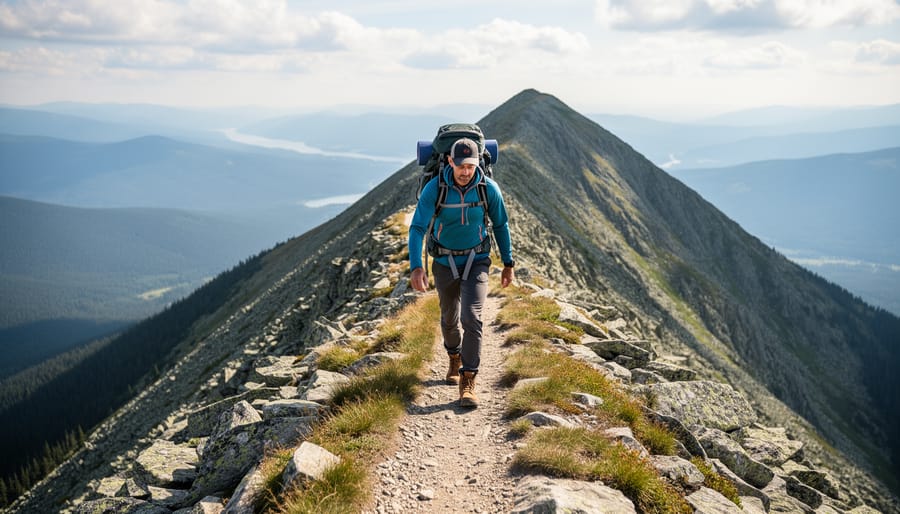 A hiker adjusting a trekking backpack hip belt on a rugged ridge trail in Sutton.
