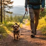 Leashed dog walking with its owner on a Bromont hiking trail through a green forest with mountain views ahead.