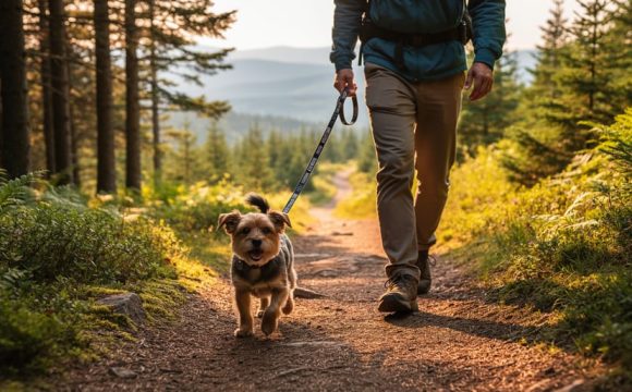 Leashed dog walking with its owner on a Bromont hiking trail through a green forest with mountain views ahead.