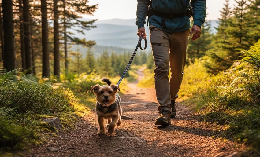 Leashed dog walking with its owner on a Bromont hiking trail through a green forest with mountain views ahead.