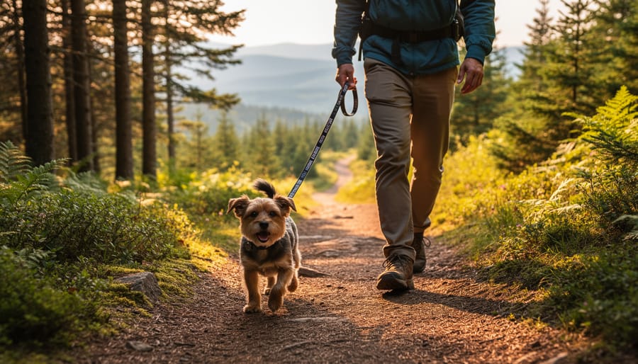 Leashed dog walking with its owner on a Bromont hiking trail through a green forest with mountain views ahead.