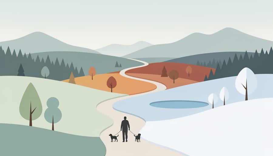 Scenic landscape with a curving trail symbolizing a dog-friendly hike in Bromont