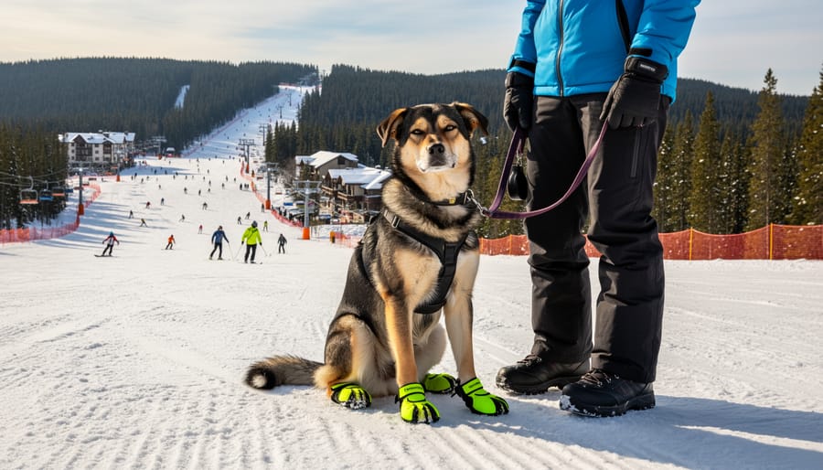 Leashed dog with paw protection standing near a ski-run area on a slope