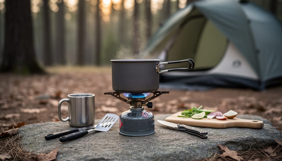 Camping réchaud stove on a stable surface with a pot and utensils at an outdoor campsite
