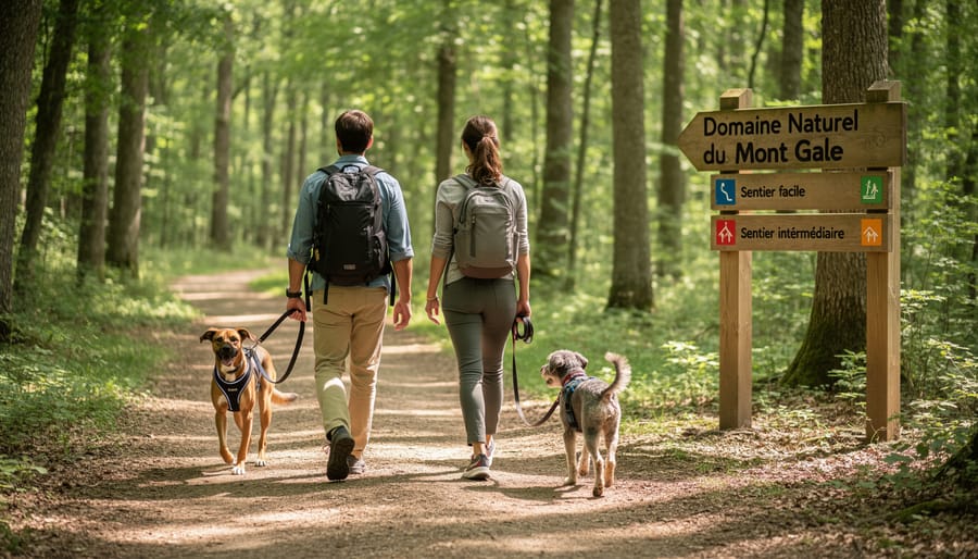 A leashed dog and owner hiking on a forest trail in Domaine Naturel du Mont Gale