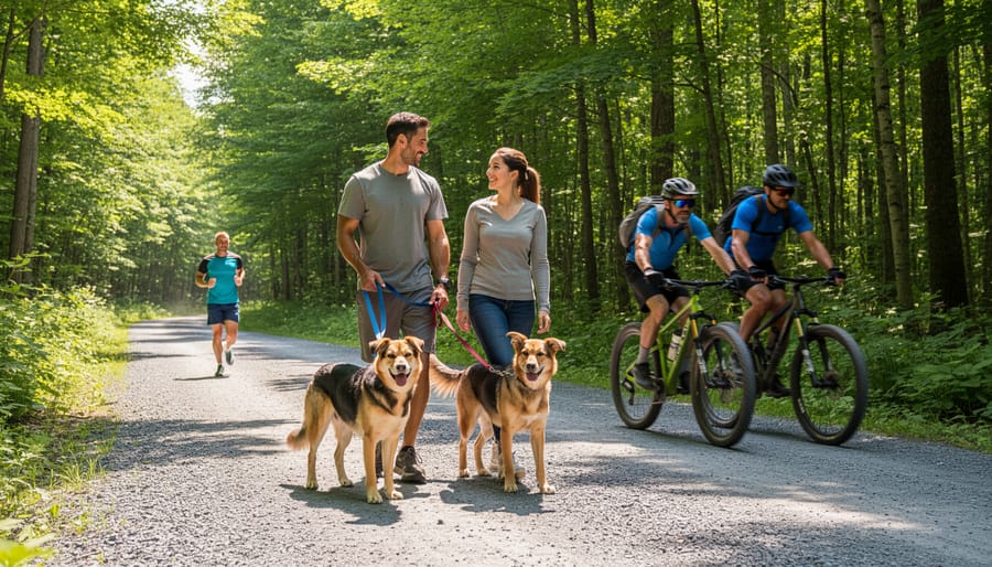 A leashed dog hiking on a shared multi-use trail with a mountain biker in the distance