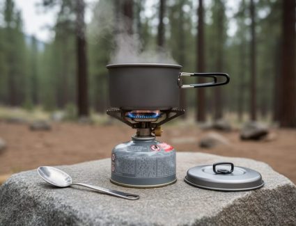 A portable réchaud camping stove with a simmering pot on a stable surface at an outdoor campsite, with cookware nearby.