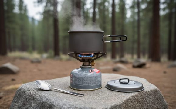 A portable réchaud camping stove with a simmering pot on a stable surface at an outdoor campsite, with cookware nearby.