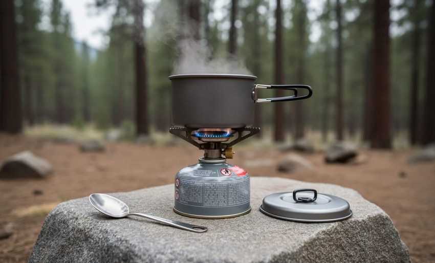 A portable réchaud camping stove with a simmering pot on a stable surface at an outdoor campsite, with cookware nearby.