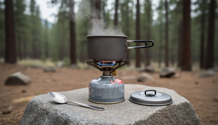 A portable réchaud camping stove with a simmering pot on a stable surface at an outdoor campsite, with cookware nearby.