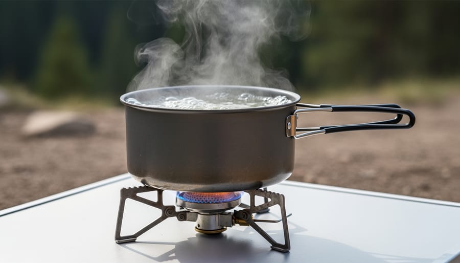 Pot of food simmering on a camping réchaud stove with a windscreen at a campsite