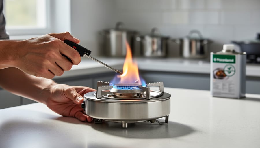 Close view of a camper igniting a portable camping réchaud stove at a campsite